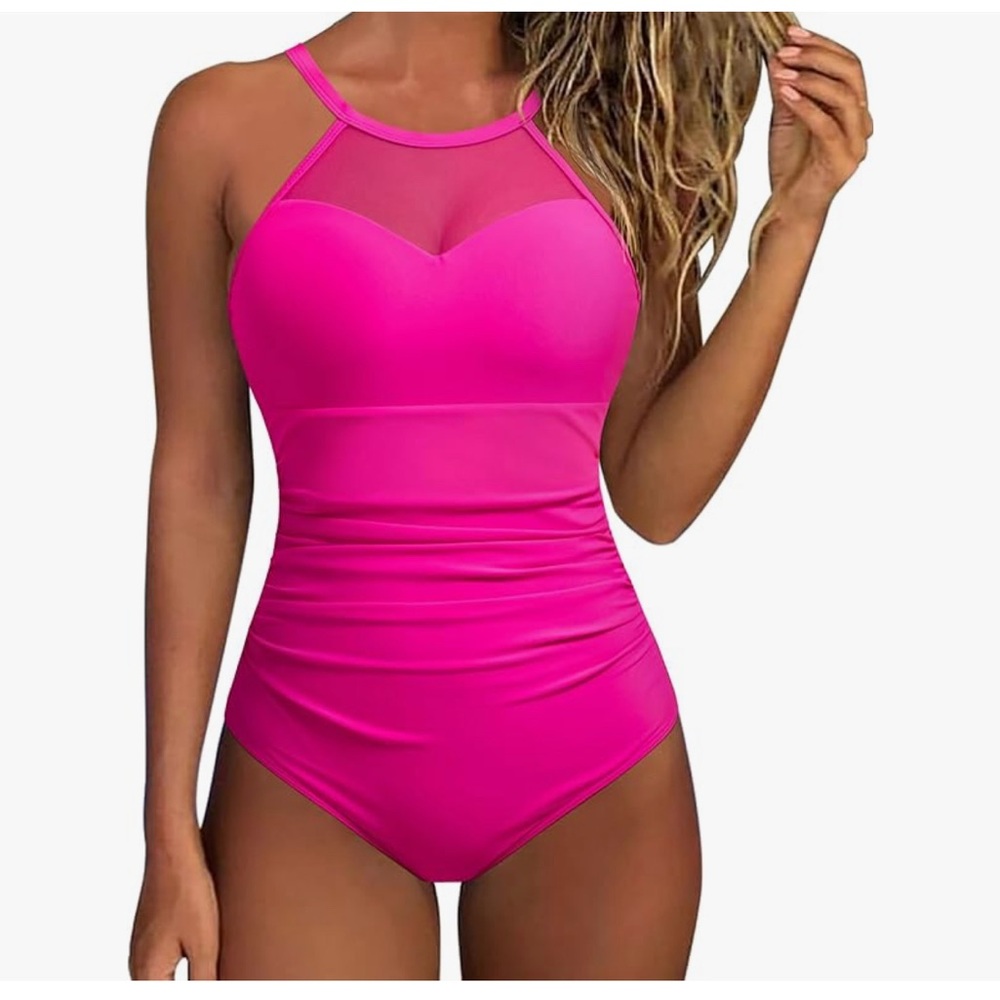 Hot Pink Women Tummy Control One Piece Swimsuit Sexy Mesh High Neck Pink Med